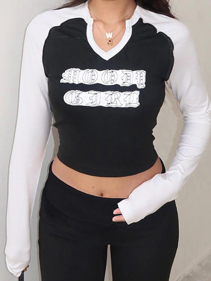 Letter Print Contrast V-Neck Long Sleeve Top - AnotherChill