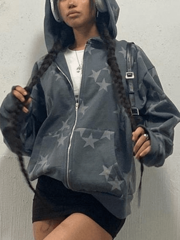 Oversized Star Print Zip Up Hoodie - AnotherChill