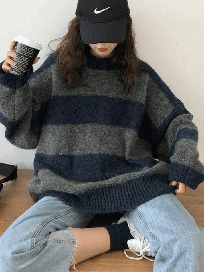 Oversized Stripe Pullover Sweater - AnotherChill