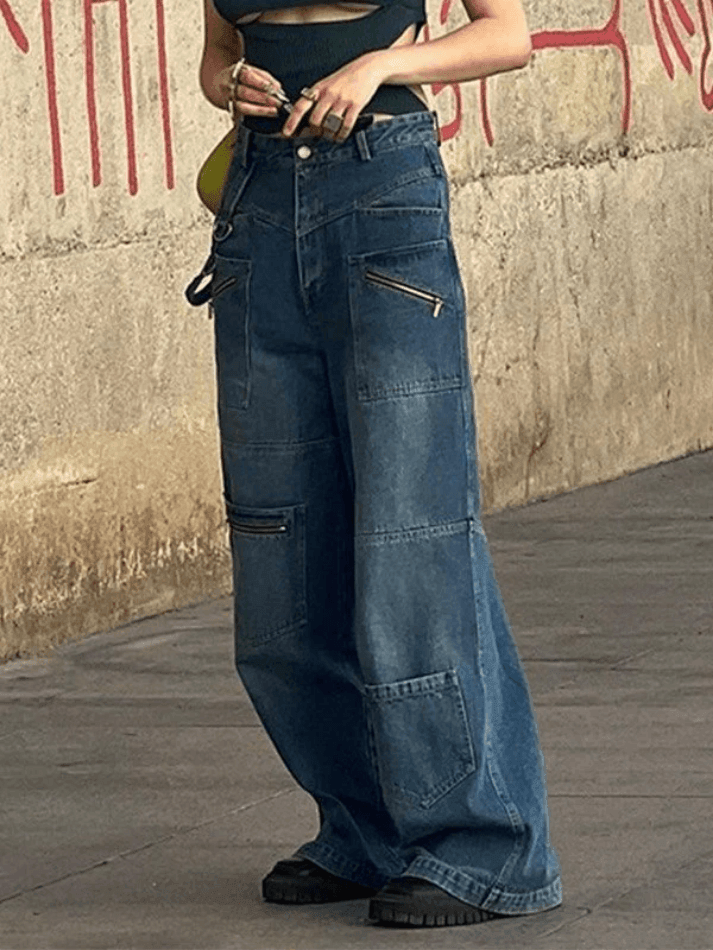 Patchwork Blue Wash Baggy Cargo Jeans - AnotherChill