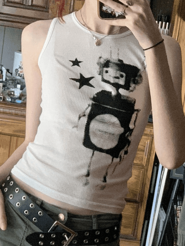 Pixel Robot Star White Cropped Tank Top - AnotherChill