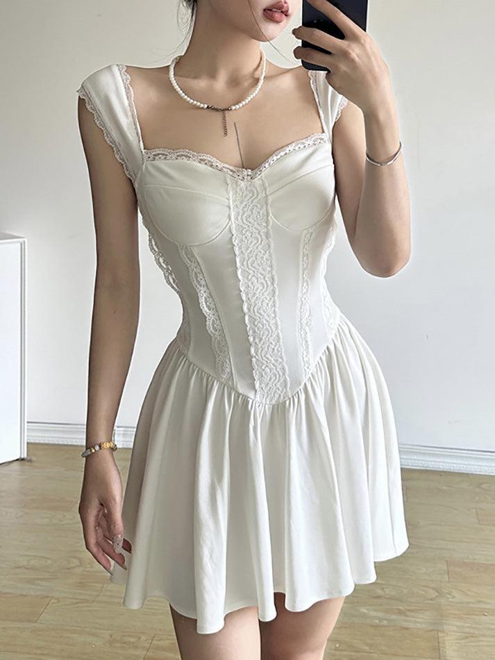 Plain Lace Trim Mini A-Line Corset Dress - AnotherChill