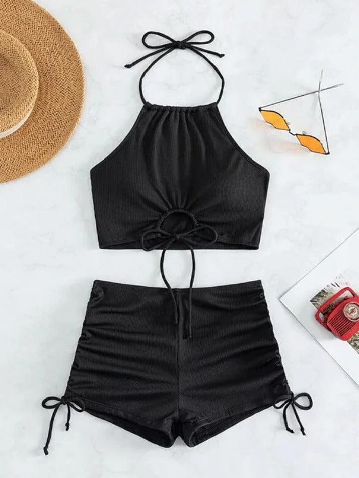 Plain Strappy Smocked Cutout Bikinis - AnotherChill