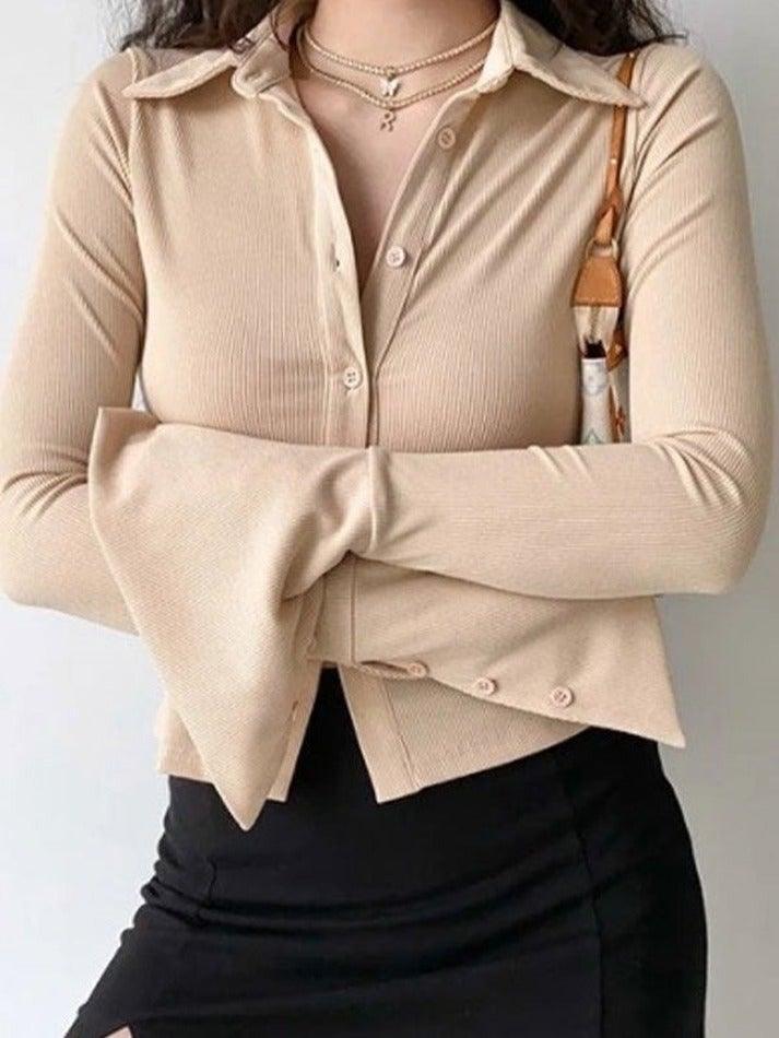 Polo Neck Long Sleeve Rib Blouse AnotherChill