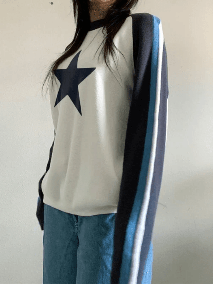 Raglan Sleeve Star Print Pullover Sweater - AnotherChill