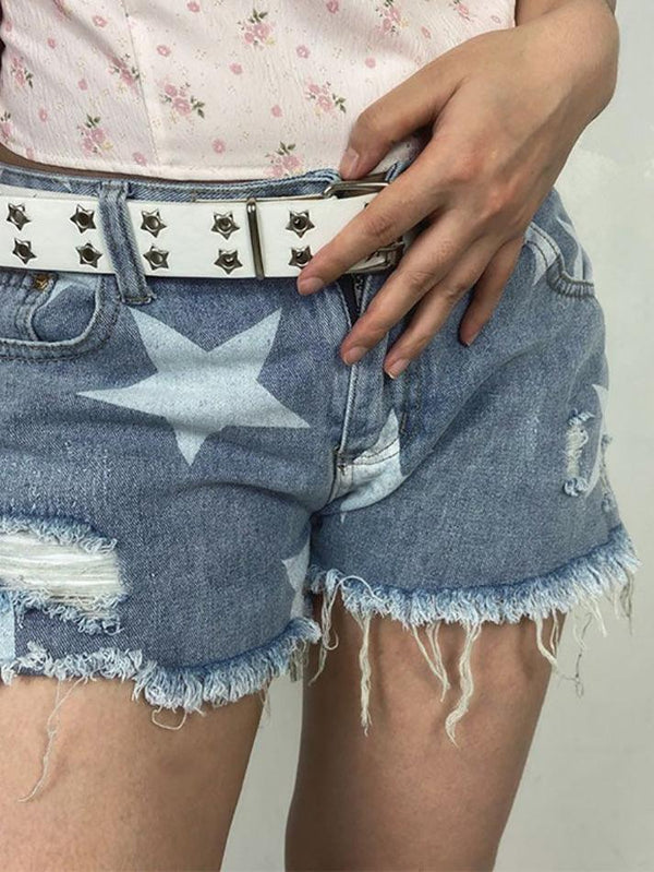 Random Star Print Ripped Low Rise Denim Shorts - AnotherChill