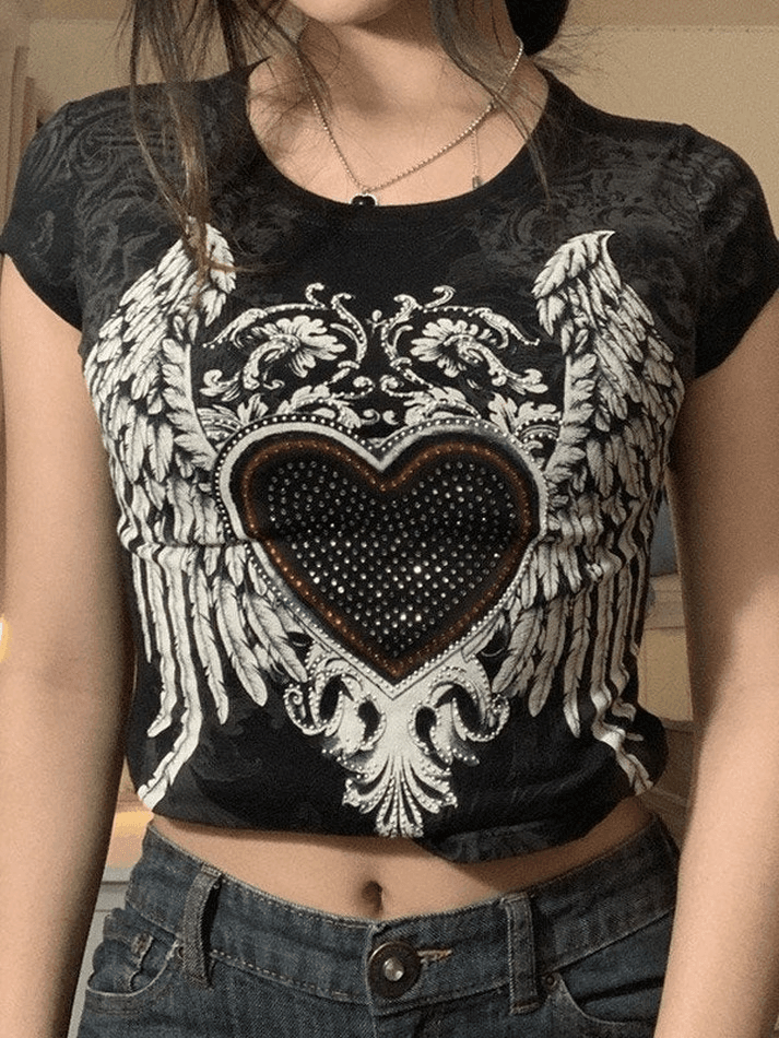 Rhinestone Heart Fairy Wing Graphic Tee - AnotherChill