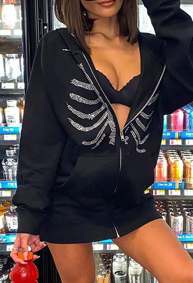 Rhinestone Skull Zipper Hoodie - AnotherChill