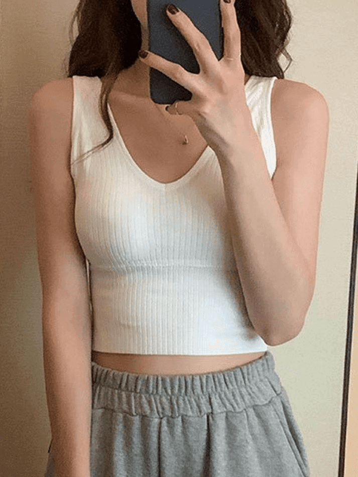 Rib V Neck Cropped Tank Top - AnotherChill