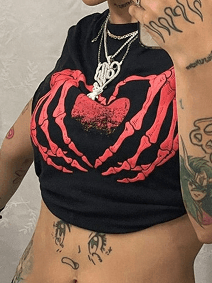 Skeleton Heart Pattern Crop Top - AnotherChill