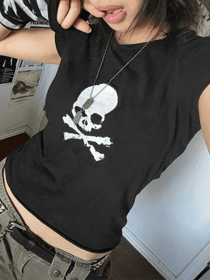 Skull Print Short Sleeve Y2K Crop Top - AnotherChill