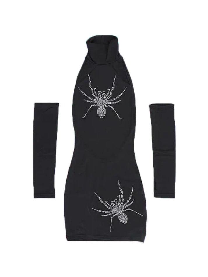 Spider Rhinestone Print High Neck Mini Dress - AnotherChill