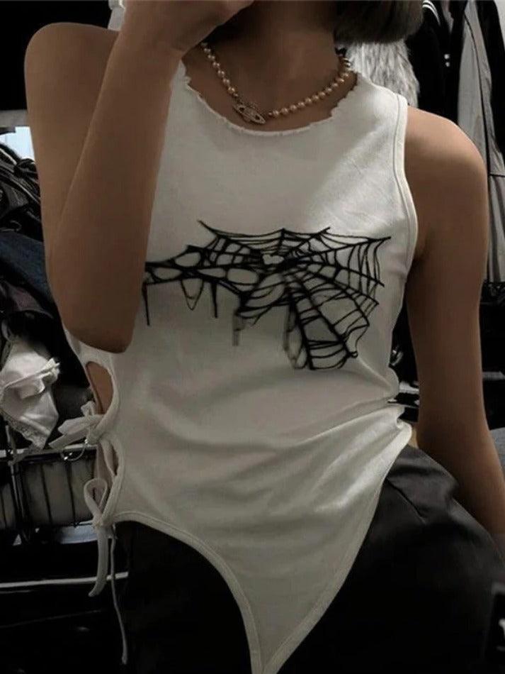 Spider Web Print Cutout Lace Up Tank Top - AnotherChill