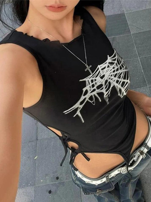 Spider Web Print Cutout Lace Up Tank Top - AnotherChill