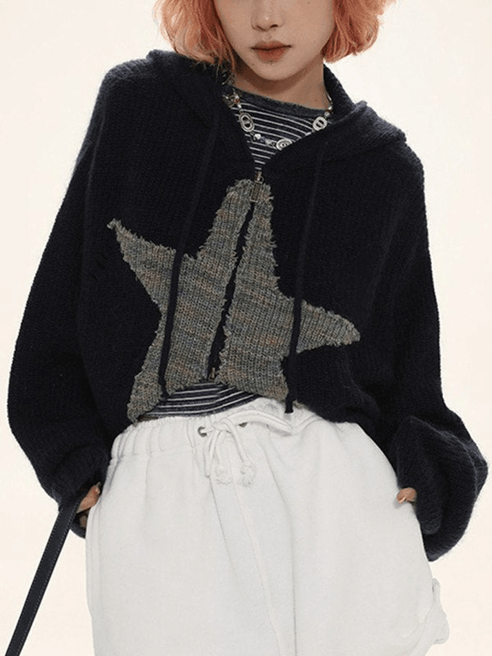 Star Jacquard Zip Up Hooded Knit Cardigan - AnotherChill