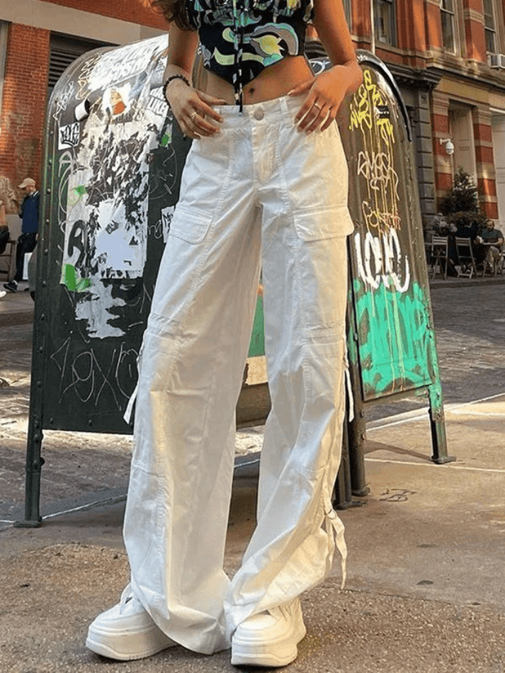 Straight Leg White Parachute Cargo Pants - AnotherChill