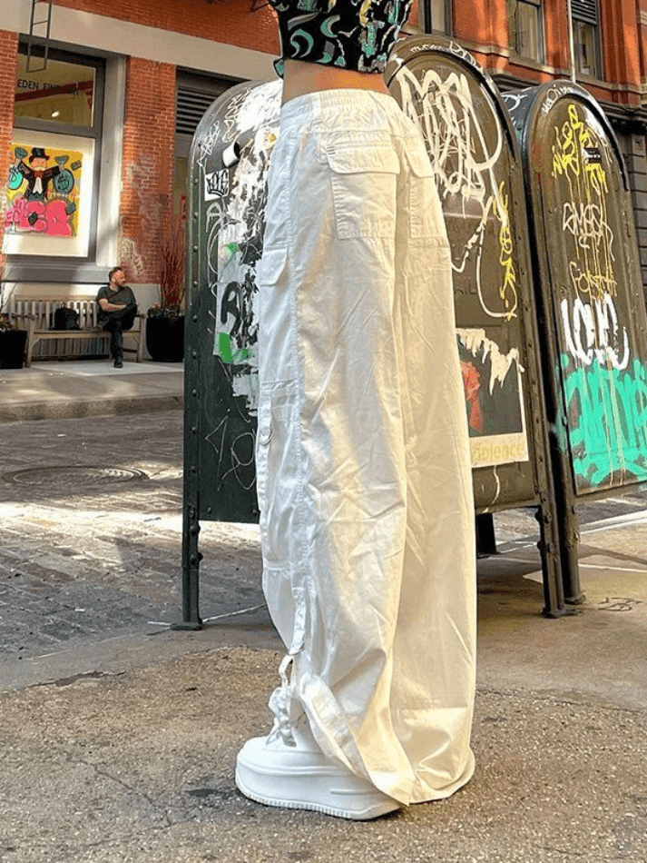 Straight Leg White Parachute Cargo Pants - AnotherChill