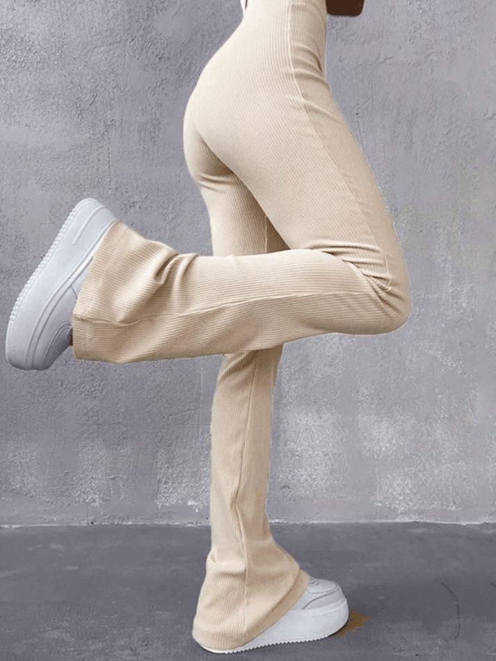 Stretchy Ribbed Flare Leg Pants - AnotherChill