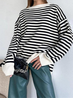 Stripe Drop Shoulder Slit Loose Sweater - AnotherChill