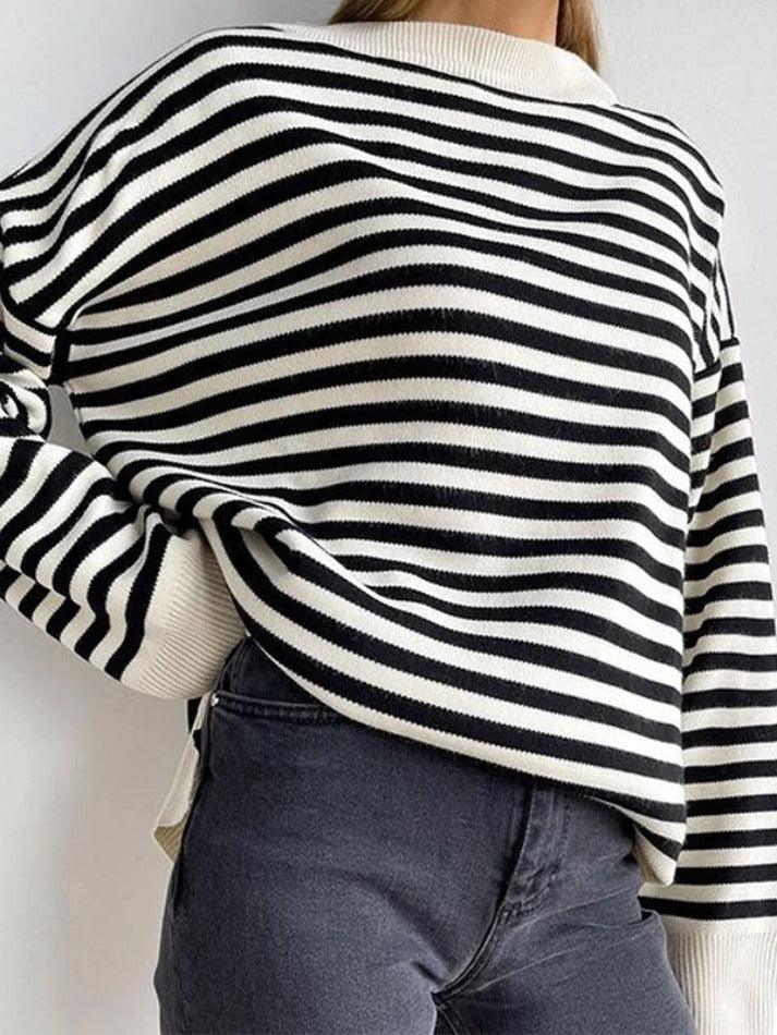 Stripe Drop Shoulder Slit Loose Sweater - AnotherChill