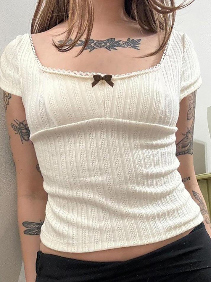 Textured Bow Square Neck Crop Top - AnotherChill