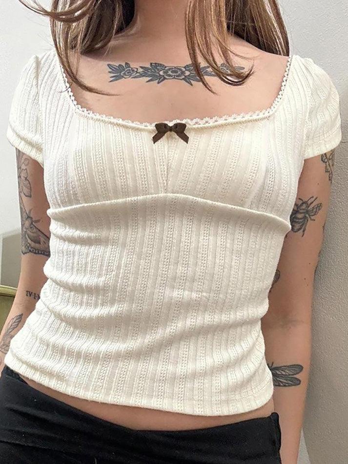 Textured Bow Square Neck Crop Top - AnotherChill