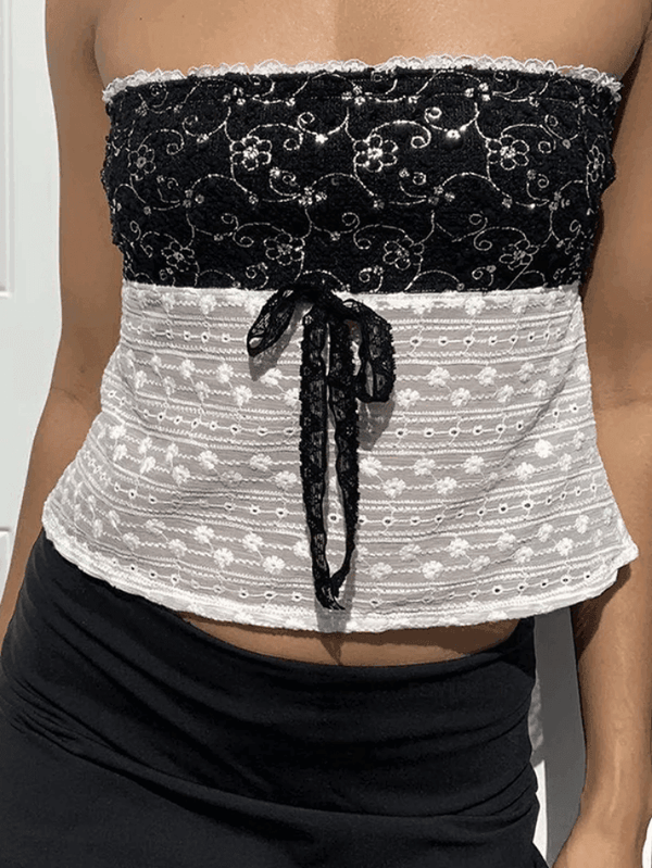 Tie Up Lace Patchwork Bandeau Top - AnotherChill