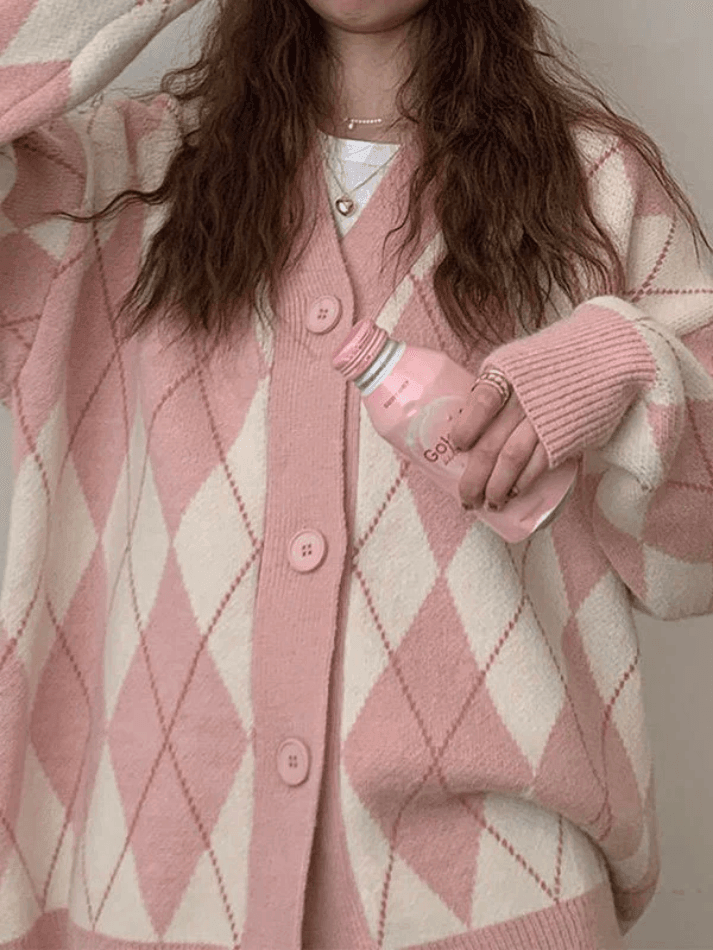 V Neck Argyle Pattern Knit Cardigan - AnotherChill