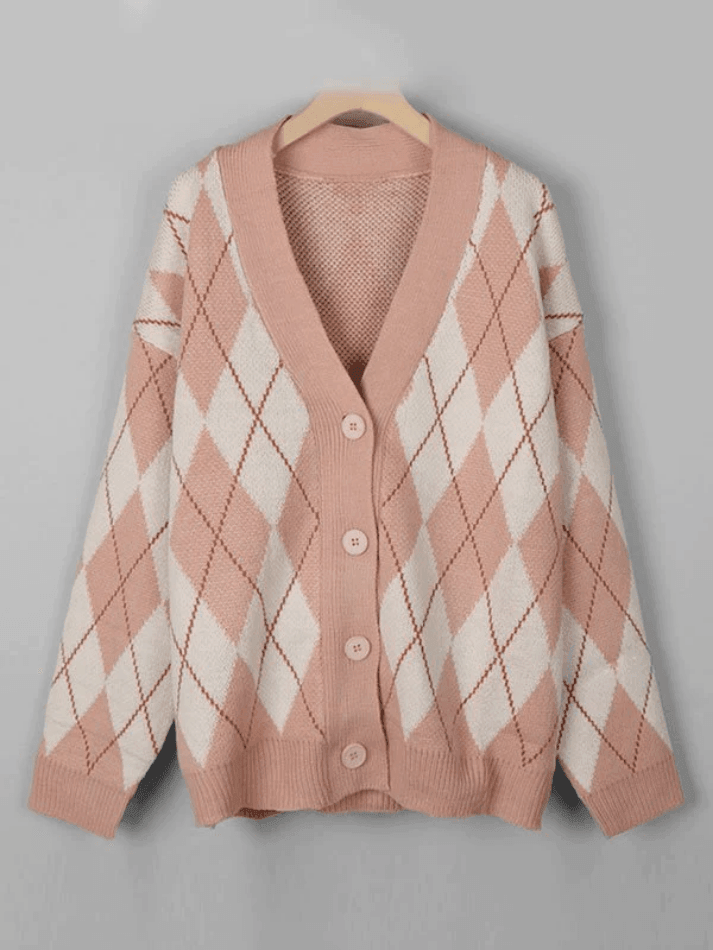 V Neck Argyle Pattern Knit Cardigan - AnotherChill