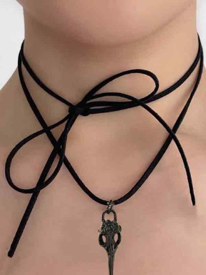 Velvet Lace Up Skull Pendant Choker Necklace - AnotherChill