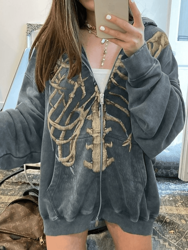 Velvet Skeleton Graphic Zip Up Hoodie - AnotherChill