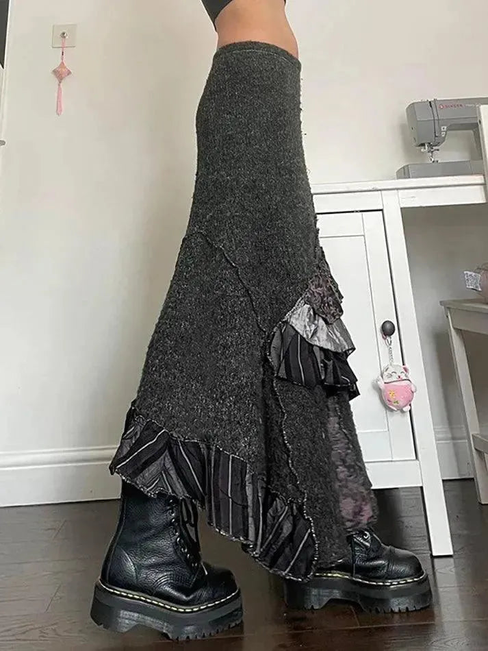 Vintage Contrast Patchwork Asymmetrical Midi Skirt - AnotherChill