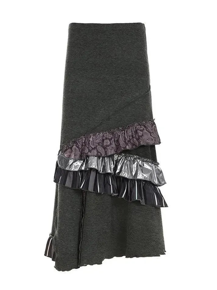 Vintage Contrast Patchwork Asymmetrical Midi Skirt - AnotherChill
