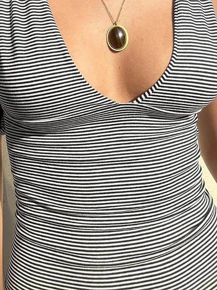 Vintage Contrast V-Neck Striped Tank Top - AnotherChill