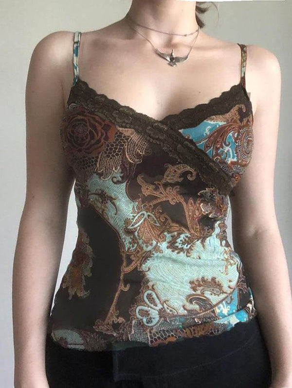 Vintage Floral Print Lace Mesh Tank Top - AnotherChill