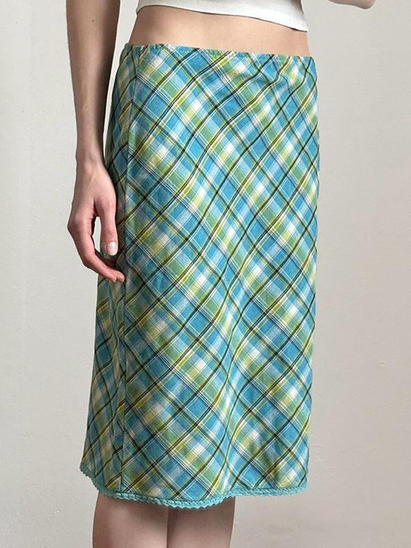 Vintage Lace Trim Contrast Plaid Midi Skirt - AnotherChill