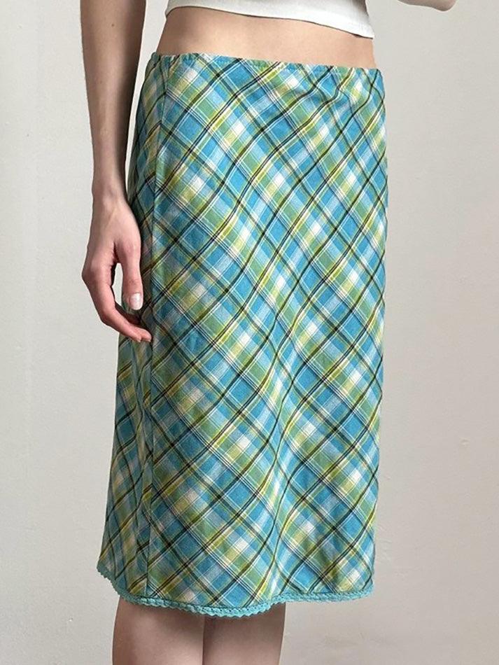 Vintage Lace Trim Contrast Plaid Midi Skirt - AnotherChill