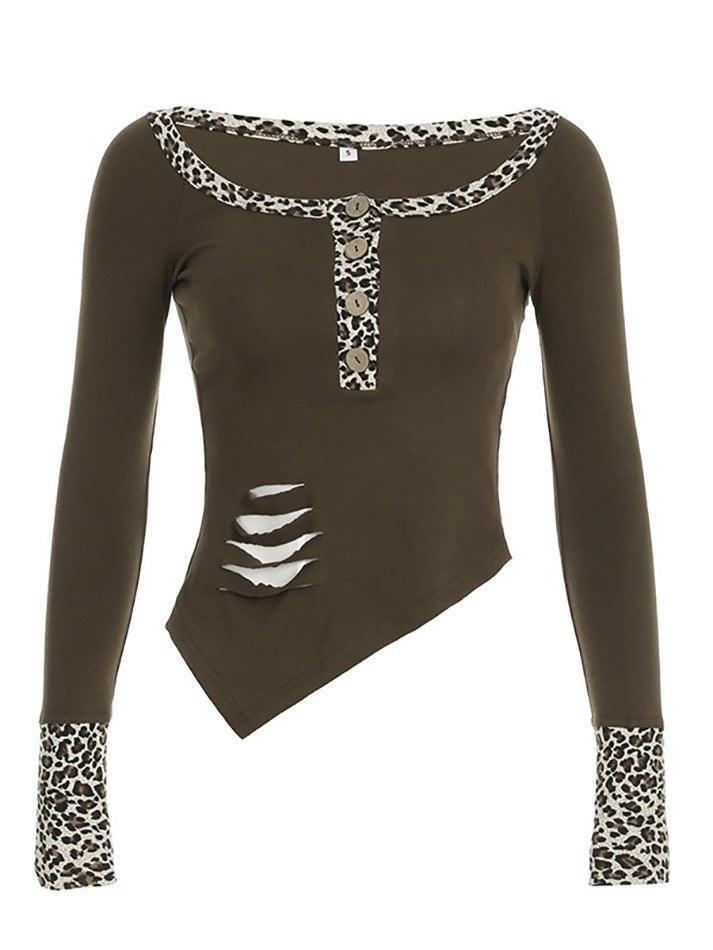 Vintage Leopard Print Patchwork Asymmetrical Fitted Top - AnotherChill