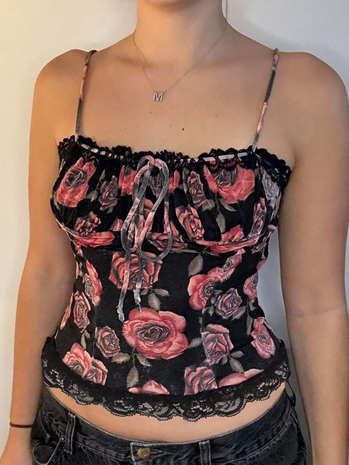 Vintage Rose Print Drawstring Tie Cami Top - AnotherChill