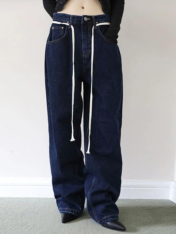 Vintage Solid Color Tie Loose Straight-Leg Jeans - AnotherChill