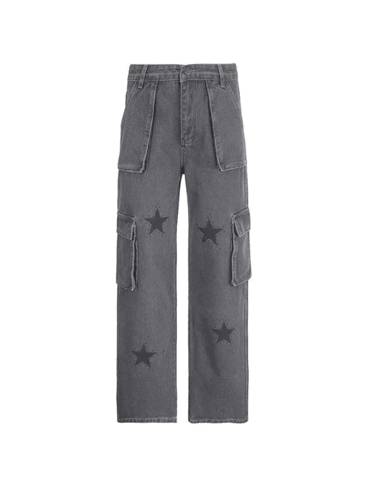 Vintage Star Print Boyfriend Fit Cargo Jeans - AnotherChill