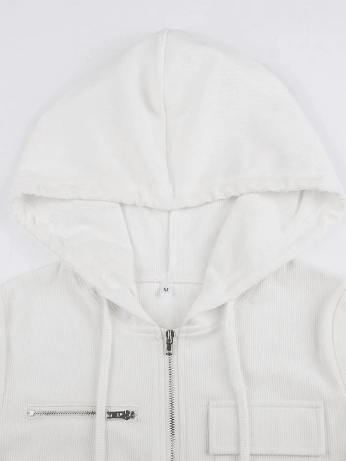 White Zip-Up Hooded Cropped Knit Top - AnotherChill