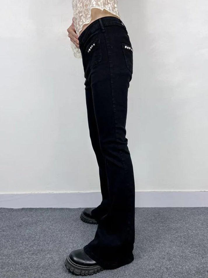 Low Rise Studded Elastic Flare Jeans - AnotherChill