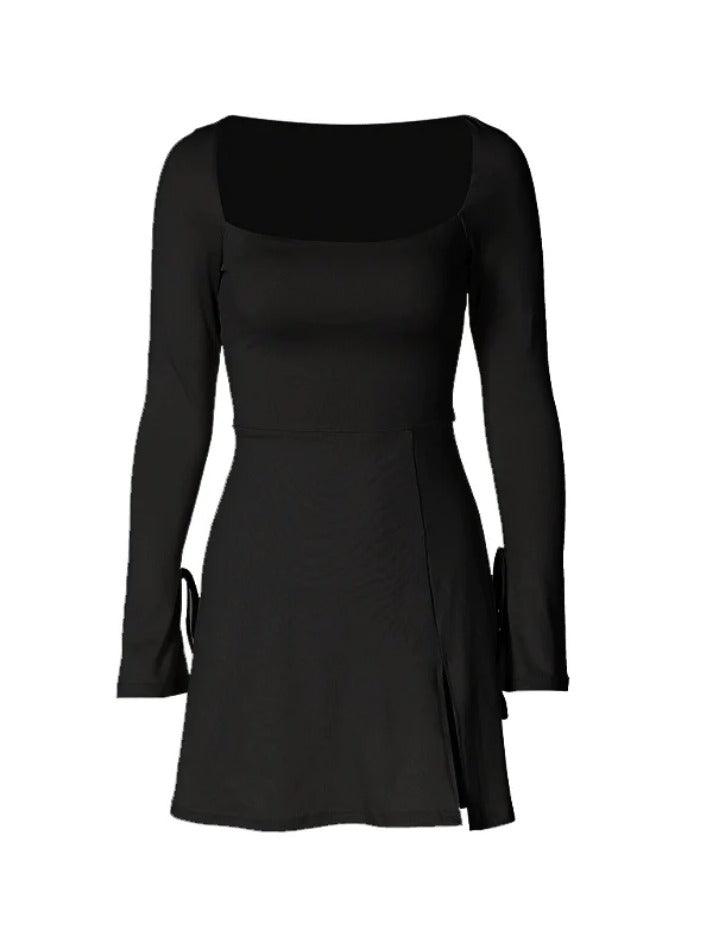 Solid Square Neck Trumpet Sleeve Split Mini Dress - AnotherChill