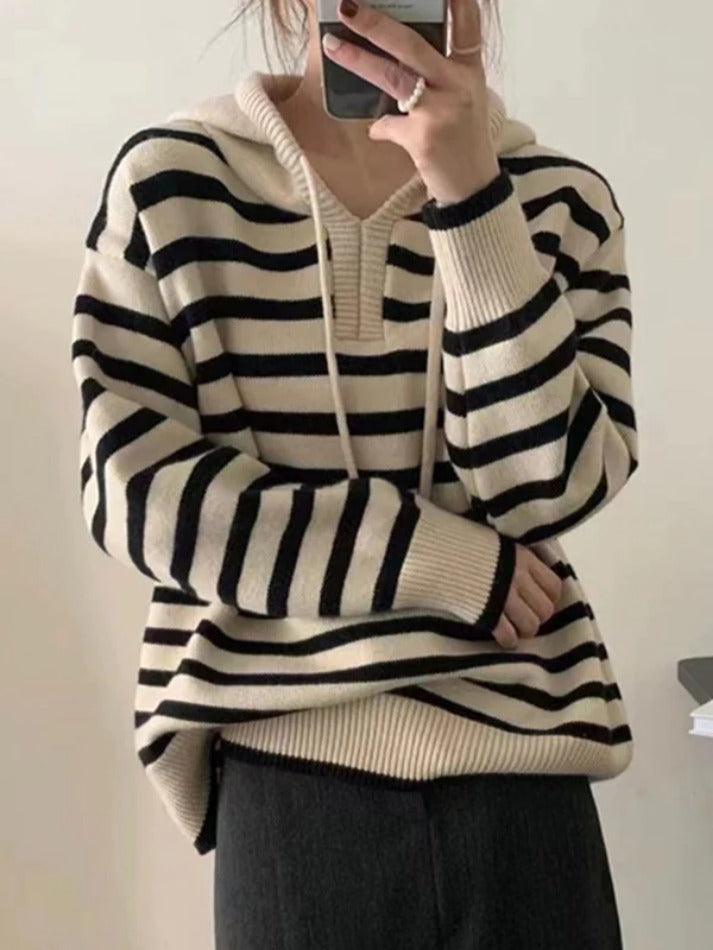 Vintage Contrast Color Striped Hooded Knit Sweater - AnotherChill