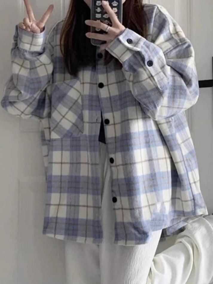 Vintage Plaid Print Brushed Long Sleeve Blouse - AnotherChill