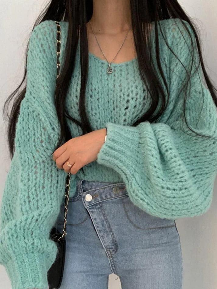 Cutout Lantern Sleeve Baggy Sweater - AnotherChill