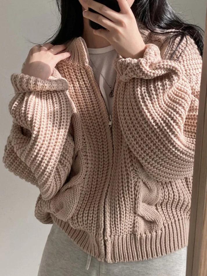 Solid Zip Up Crochet Cable Knit Cardigan - AnotherChill