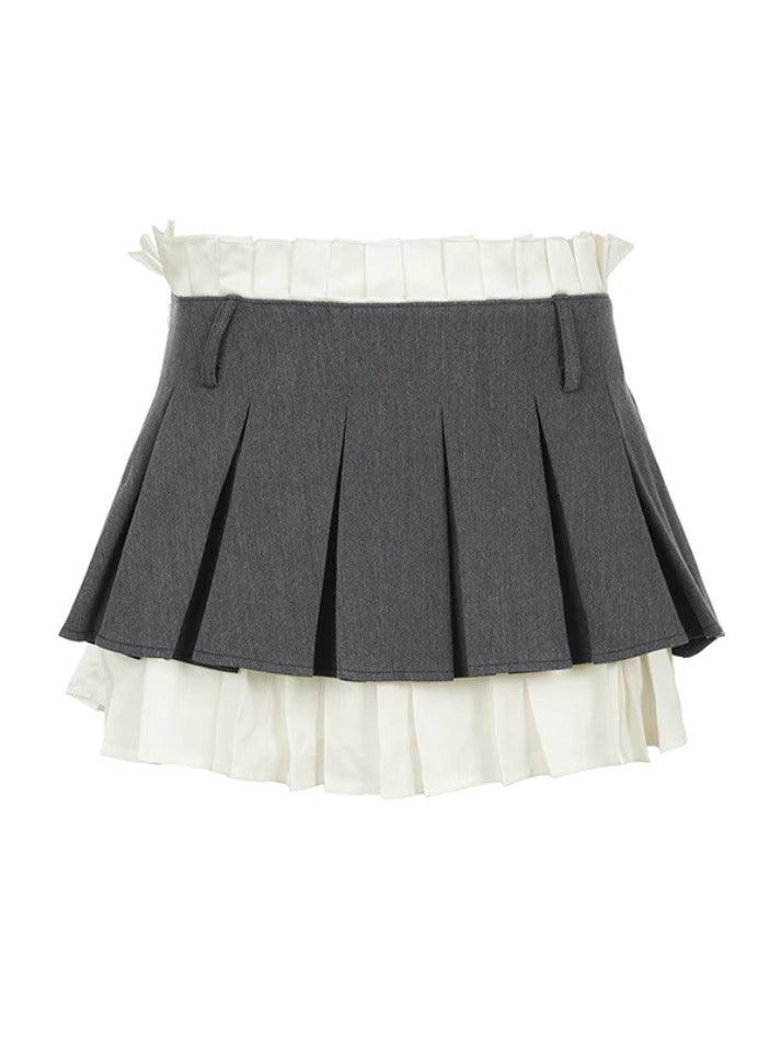 Contrast Paperbag Waist Splice Pleated Mini Skirt - AnotherChill