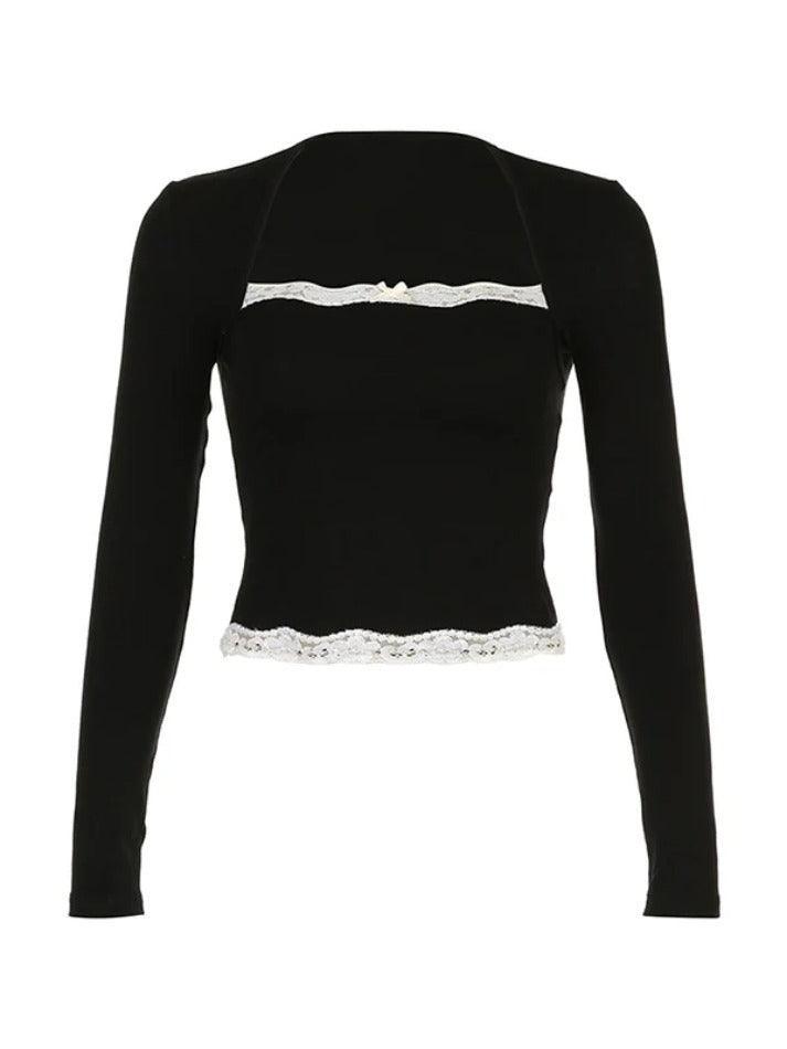 French Lace Trim Splice Slim Long Sleeve Tee - AnotherChill